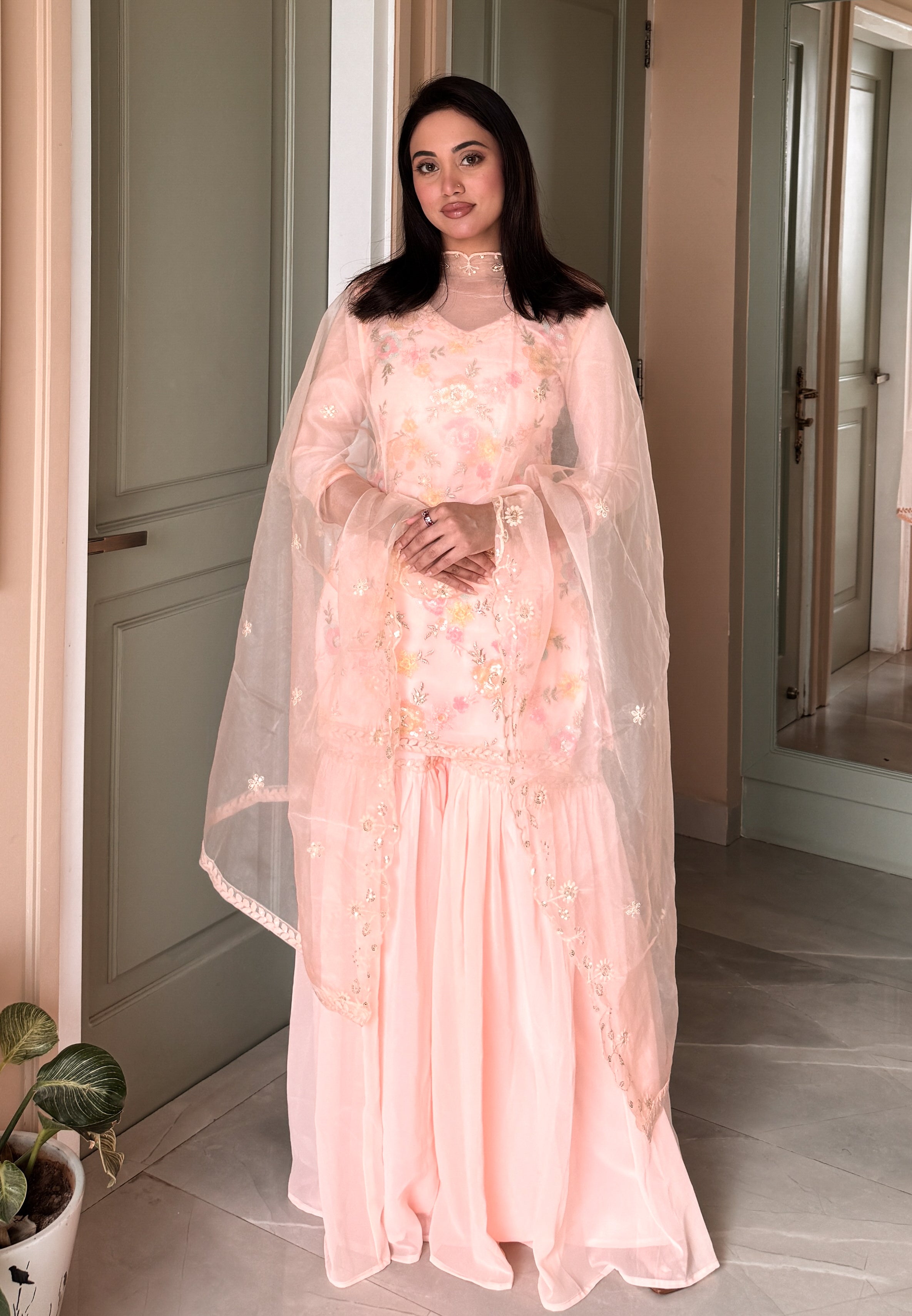 Peach Sequinwork Embroidered Sharara Set
